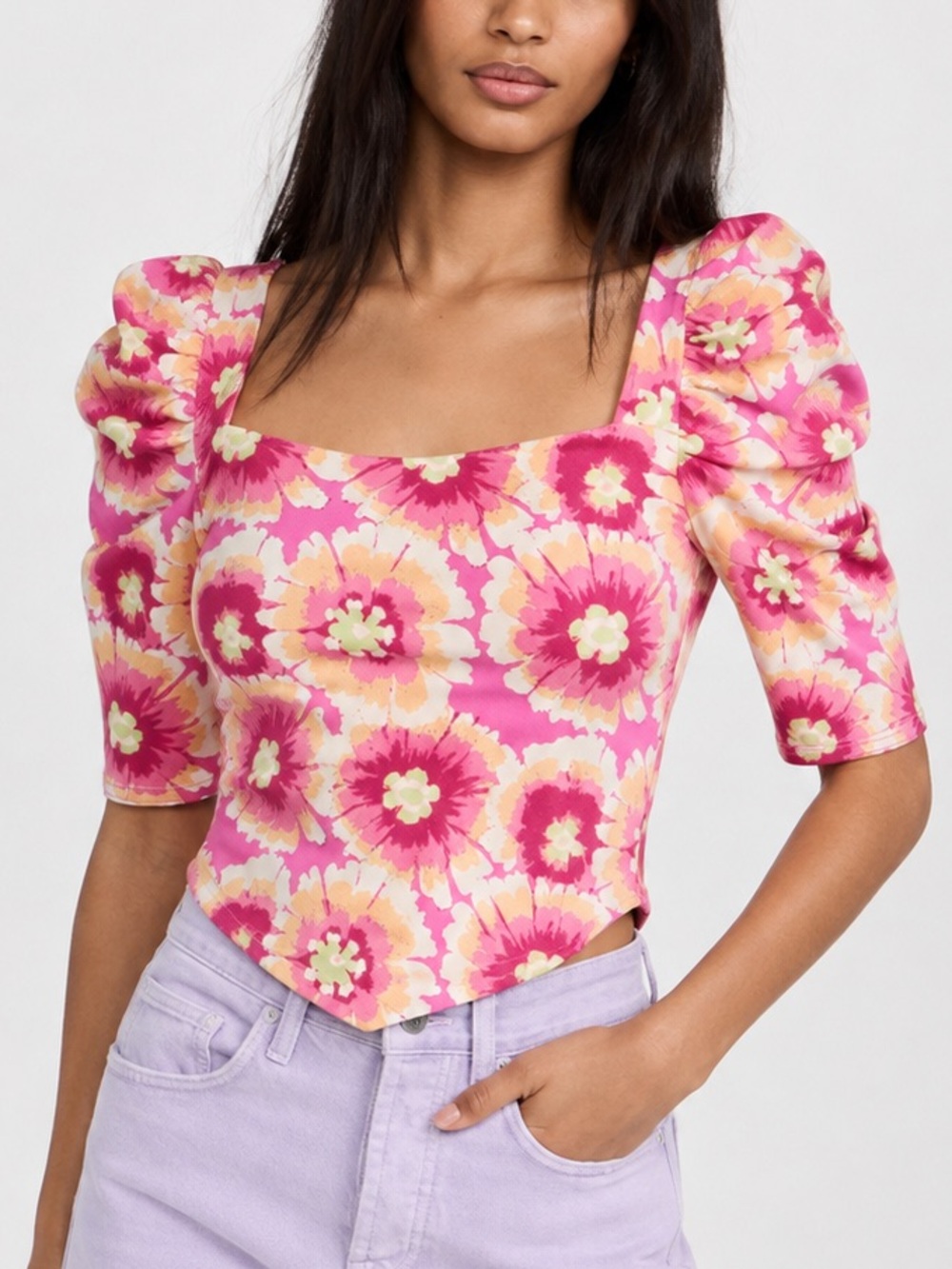 Free People Give Me More Pink Floral Puff Sleeve Open Back Top S